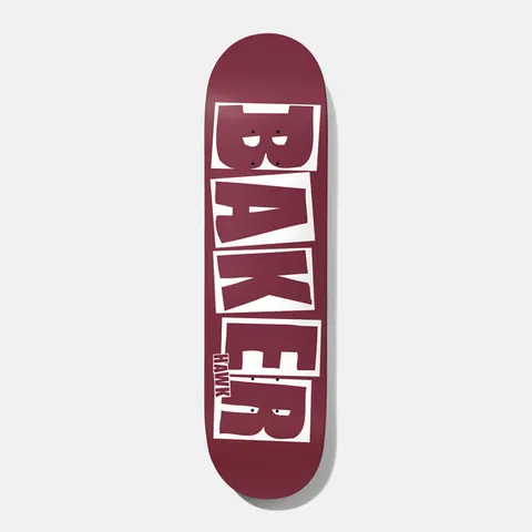 Baker Hawk Brand Name Maroon B2 8.0 skateboard deck: Plain maroon deck with the Baker logo in large maroon block letters on white tiles, with a small Hawk signature running up beside the E.
