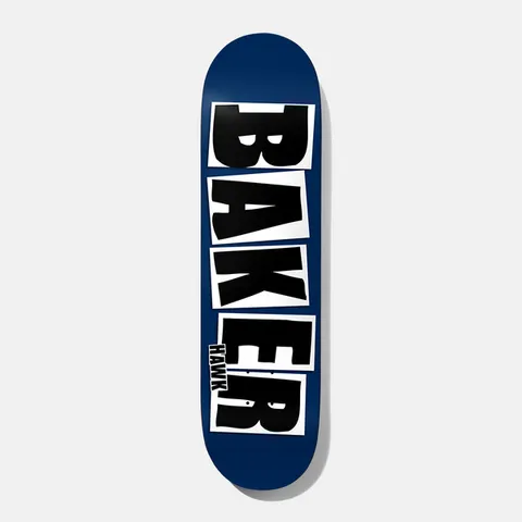 Baker Hawk Brand Name Navy Matte 8.25 skateboard deck: Large blocky black 'Baker' letters, each on a white box, stacked down a navy blue deck, with a small 'Hawk' printed beside the lower letters.