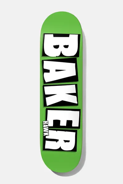 Baker Hawk Brand Name Neon Green B2 8.5 skateboard deck: Neon green deck with the Baker name stacked in big white block letters outlined in black, with a small rider name in white on black beside the last letters.