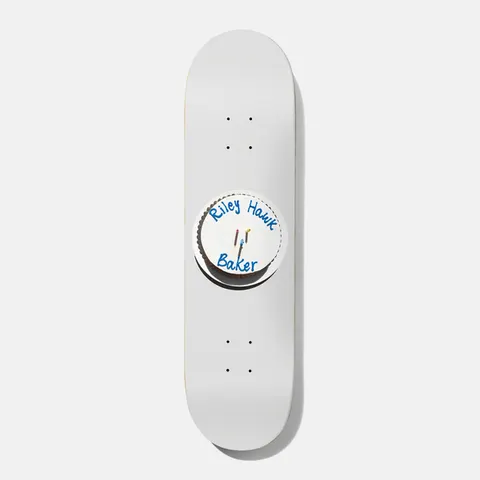 Baker Hawk Cake Boss 8.125 skateboard deck: Photo of a small white iced cake with two candles, piped in blue with the rider name and Baker, centred on a plain white deck.