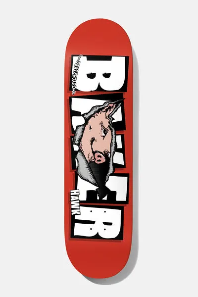 Baker Hawk Emergers 8.125 skateboard deck: A pig's head with a bandana tears through the middle of large white block Baker lettering on a red deck. A small 'HAWK' label sits beside the lower letters.