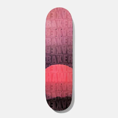 Baker Hawk Pile Red B2 8.125 skateboard deck: Repeating pattern of the Baker box logo across the deck in a pink-to-dark purple fade, with a large glowing red-pink semicircle near the tail and 'HAWK' stencilled across it.