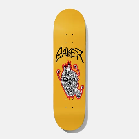 Baker Hawk Judgement Day 8.0 skateboard deck: Yellow deck with black jagged Baker lettering above a white line-drawn face of skulls and tangled figures, outlined in red, with a burning city on its head and eyeballs on stalks.