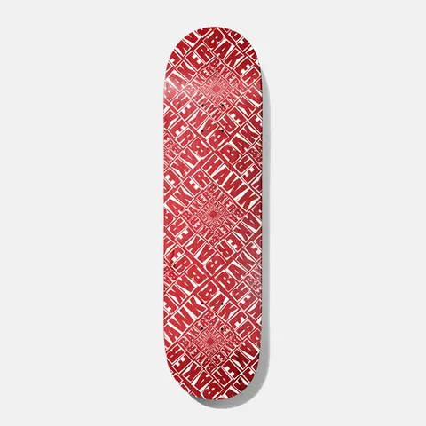 Baker Hawk Labyrinth Red 8.38 skateboard deck: An all-over pattern of the Baker logo in white block letters on red, repeated and rotated diagonally in nested diamonds that spiral towards the centre like a labyrinth, with Hawk also spelt out.