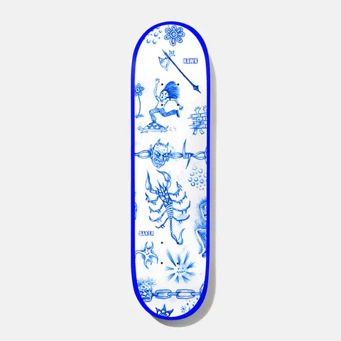 Baker Hawk Lunacy 8.25 skateboard deck: Blue ink tattoo-flash style doodles on white: a long-haired skater leaping on a board, a battle axe, a horned demon head on barbed wire, a scorpion, chains, flowers and a bricked figure, edged with a blue rim.