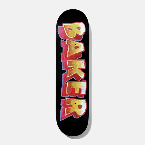 Baker Hawk Overage 8.5 skateboard deck: Large hand-drawn graffiti-style BAKER lettering stacked vertically on a black deck, filled in yellow and white with red outlines and blue shadow edges.