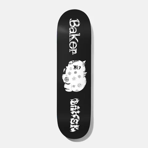 Baker Hawk Piggy B2 8.125 skateboard deck: Black deck with a white stippled piggy bank pig decorated with small flowers and a curled eyelash, between the word Baker in a rough serif face and a gothic-style BAKER logo upside down at the tail.