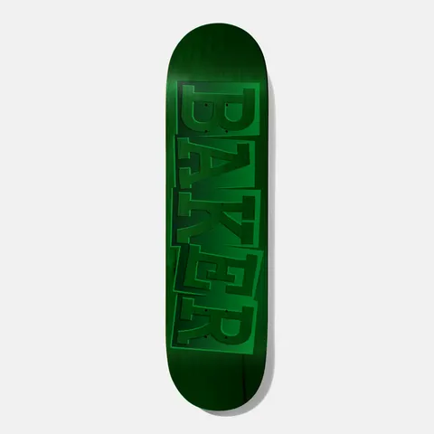 Baker Hawk Ribbon Name Green B2 8.5 skateboard deck: The Baker name in large stacked, slightly tilted block capitals filling the deck, tone on tone in shades of green on a green stained deck.