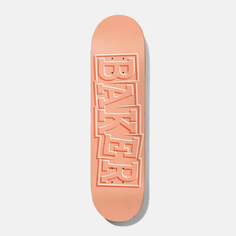 Baker Hawk Ribbon Peach 8.0 skateboard deck: Baker logo in large stacked block letters with a ribbon-style layered outline in orange and white, on a plain peach deck.
