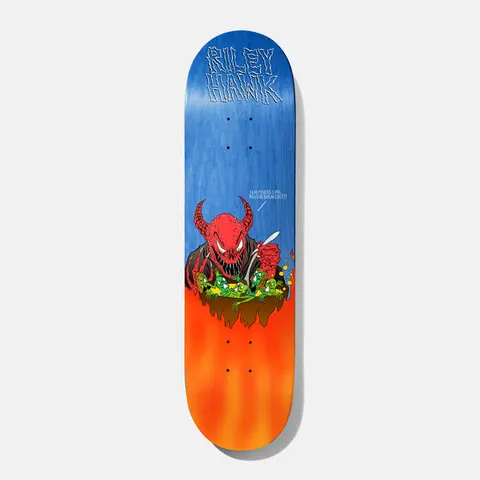 Baker Hawk Sorcery Survival 8.0 skateboard deck: A cartoon red horned demon at a table, about to eat a bowl of small green creatures, with a speech line about eating pointers for breakfast. Riley Hawk in spiky white lettering on blue, fading to orange flames.