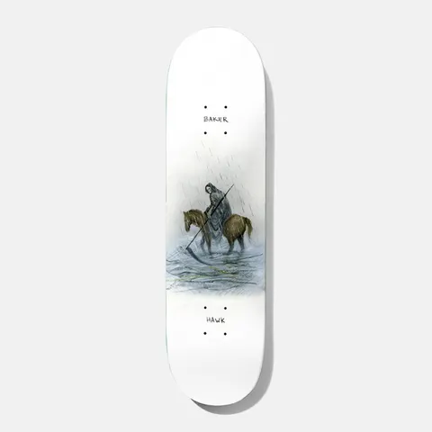 Baker Hawk Storm Drain 8.125 skateboard deck: Painted figure in a dark hooded cloak holding a scythe, riding a brown horse through flooded water in heavy rain, on a white deck with small handwritten brand and rider names.