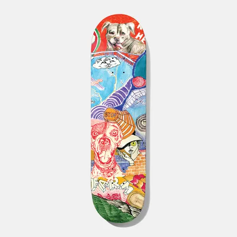 Baker Hawk Thoughts 8.25 skateboard deck: Busy hand-drawn collage in coloured pencil and pen: a grey dog at the top, a cat in a cloud, a stop sign, a red-lined dog's head, a bald figure with a yellow eye, bricks, a clock and an angular lettered label.