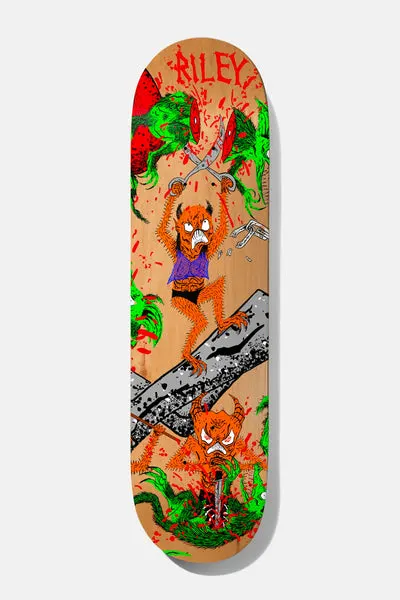 Baker Hawk Toxic Rats 8.125 skateboard deck: Cartoon orange horned devil-like creatures, one holding up scissors and another lunging at a rat among green hairy rats, with red splatter, a grey log and Riley in red letters, on a natural wood deck.