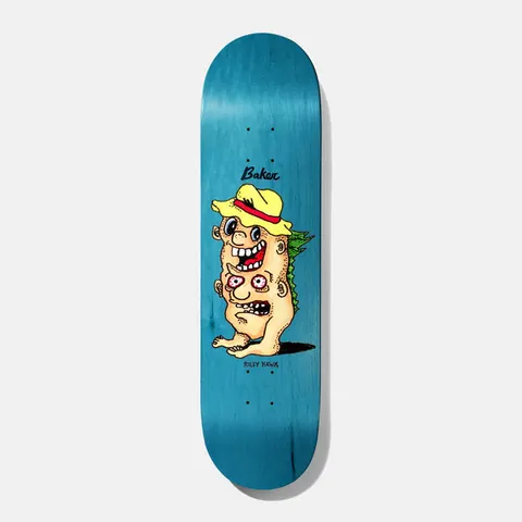 Baker Hawk Twins 8.25 skateboard deck: Blue-stained deck with a cartoon two-headed creature in a yellow hat, one face grinning and one with bloodshot eyes, with a green spiky tail. Baker script above and Riley Hawk name below.