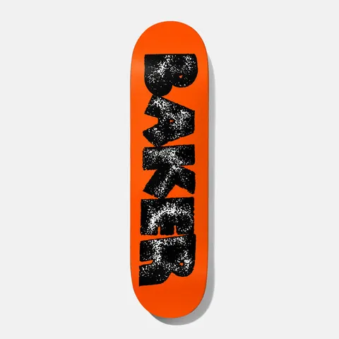Baker Hawk Wound Up B2 8.25 skateboard deck: Bold black Baker logo in rough, speckled stencil-style lettering with white flecks, running down the length of a bright orange deck.
