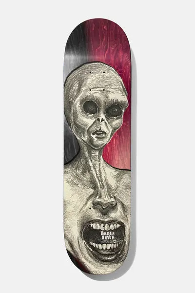 Baker Hawk Yeller 8.0 skateboard deck: Pencil-style drawing of a grey alien with large black eyes above a human screaming mouth and nose, on a deck stained black and red. Baker Hawk label across the teeth.