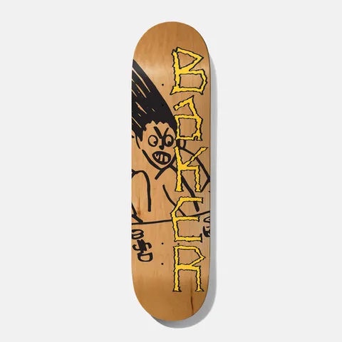 Baker Herman Aggro 8.25 skateboard deck: Crude black ink drawing of an angry, wide-eyed figure with spiky hair, leaning over a table, on a natural wood deck. The brand name runs vertically in jagged yellow lettering.