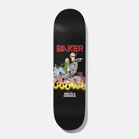 Baker Herman Beagle Nothin Personal 8.25 skateboard deck: Black deck with red Baker lettering above an illustration of a sunglasses-wearing man aiming a shotgun from a motorbike, with a woman riding behind and flames beneath. Beagle Herman name at the bottom.