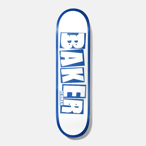 Baker Herman Brand Name White/Blue 8.0 skateboard deck: Baker in large white stacked block letters with blue shading, on a white deck with a blue border. A small HERMAN is printed vertically between the E and R.