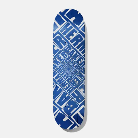 Baker Herman Labyrinth Blue 8.0 skateboard deck: A repeating spiral of boxed block letters spelling BAKER and HERMAN, rotated and shrinking towards the centre to form a diamond-shaped labyrinth. Blue and white on a blue stained deck.