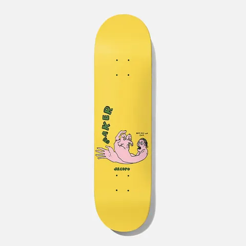 Baker Jacopo Bar Me Up Son 8.475 skateboard deck: A cartoon pink arm ending in a giant hand that reaches for a startled small man, with a speech note Bar Me Up Son, on a plain yellow deck with green Baker and Jacopo lettering.