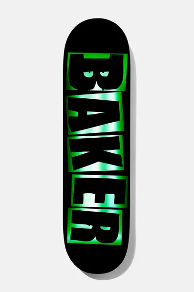 Baker Jacopo Brand Name Black/Green skateboard deck: Baker logo in large stacked block letters on black, outlined and filled with a glossy green metallic gradient, with small eyes peeking from the B.