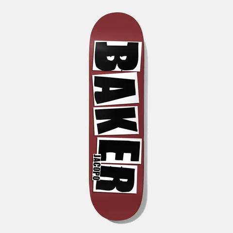 Baker Jacopo Brand Name Maroon Matte 8.0 skateboard deck: Large black Baker logo letters, each on a white torn-paper block, stacked down a matte maroon deck, with a small black rider name label beside the final letter.