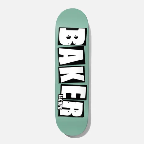 Baker Jacopo Brand Name Mint B2 8.125 skateboard deck: The Baker logo in large white block letters on black tiles, stacked vertically down a flat mint green deck, with a small Jacopo name beside the last letters.