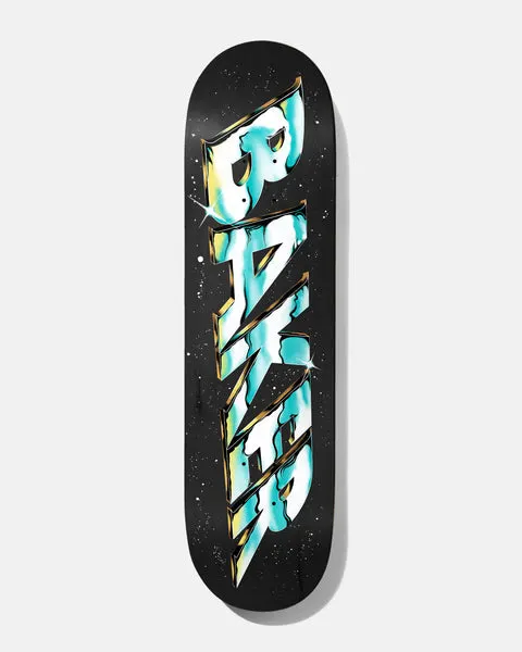 Baker Jacopo Chrome Zone Twin 8.38 skateboard deck: The Baker name in jagged, slanted chrome lettering in teal, white and gold, running down a black deck scattered with white stars and specks.