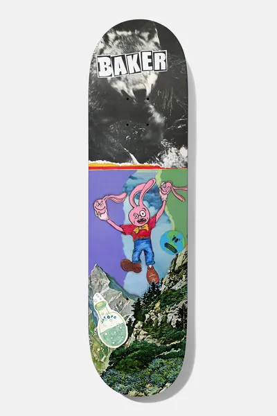 Baker Jacopo Desk Shrapnel 8.125 skateboard deck: Collage deck: a grey snarling wolf at the top with the Baker logo, below a pink cartoon rabbit in jeans hanging from its own ears against a mountain and forest landscape, with a small bottle and green face.