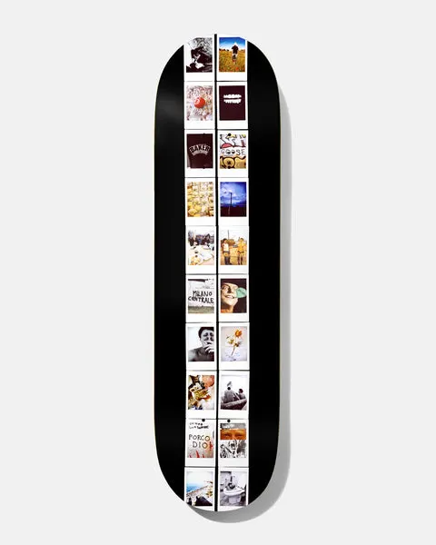 Baker Jacopo Head On Collision 8.5 skateboard deck: Two columns of ten instant-camera snapshots run down a black deck, showing a mix of portraits, landscapes, food and street scenes, with a few handwritten captions such as Milano Centrale and Porco Dio.