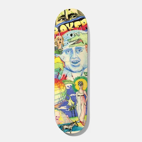 Baker Jacopo IL Tutto 8.5 skateboard deck: Colourful crayon and pencil style collage of a blue face, a crocodile head, a screaming blonde woman, a haloed figure in dungarees, a skeleton, palm trees and a donkey, with Baker lettering at the top.