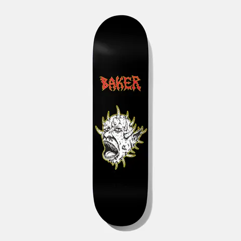 Baker Jacopo Judgement Day 8.475 skateboard deck: Screaming pale demonic head with spikes and sharp teeth, outlined in yellow, on a black deck. Baker name in red spiky metal-style lettering above.