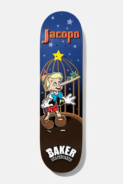 Baker Jacopo Lies 8.0 skateboard deck: A cartoon Pinocchio-style puppet with a very long nose bearing cannabis leaves, standing in front of an open golden birdcage and a yellow star under a starry blue-to-brown gradient. Name in red and yellow at the top, Baker logo at the bottom.