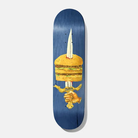 Baker Jacopo Mac Slayer 8.5 skateboard deck: Painted double cheeseburger skewered by a sword, with a gold hand gripping the hilt marked Baker and blood at the blade entry points, on a blue wood-stained deck.