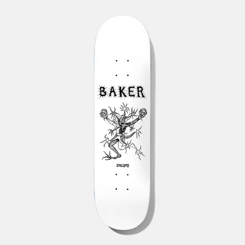 Baker Jacopo Misty Flip Judo Chop 8.25 skateboard deck: Black ink drawing on a white deck of a spindly twisted tree-like figure holding two skulls, under spiky Baker lettering, with the rider's name in small print below.