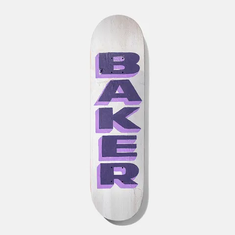 Baker Jacopo Painted 8.0 skateboard deck: Hand-painted BAKER lettering in dark purple with a lilac drop shadow, stacked vertically on a whitewashed wood-effect deck.