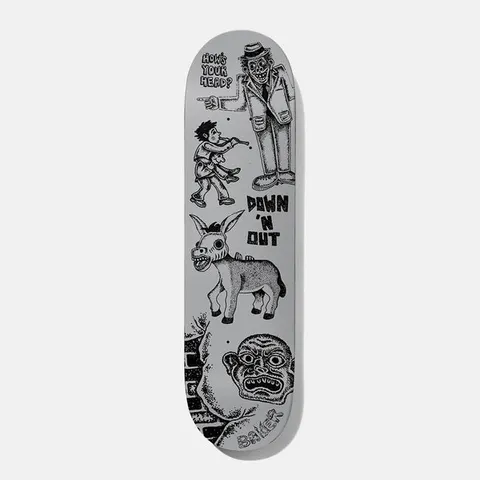 Baker Jacopo Stop and Think 8.38 skateboard deck: Grey deck covered in black tattoo-style drawings: a pointing man in a hat asking how's your head, a boy carrying another on his shoulders, a donkey, a grimacing face against bricks and the words down 'n out.