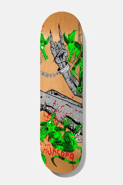 Baker Jacopo Toxic Rats 8.25 skateboard deck: Grey armoured arm in chains making a devil-horns hand, rising from a grey log among green hairy rat creatures and red blood splatter, on a natural wood deck. Jacopo in red lettering at the foot.