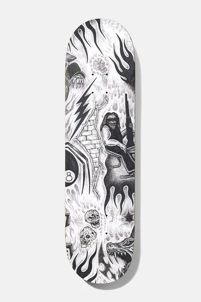 Baker Jacopo Tryptic 8.25 skateboard deck: A black-and-white pen-and-ink collage of flames, lightning bolts, an eight ball, skulls, a snarling wolf and a long-haired skeletal figure with a gun, against a brick wall and smoky flames.