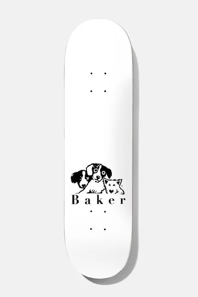 Baker Jacopo Where my Dogs At 8.0 skateboard deck: A small black and white drawing of three dogs huddled together sits above 'Baker' in a serif typeface, in the lower half of a plain white deck.
