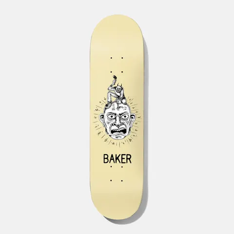 Baker Figgy Chisel Head 8.125 skateboard deck: Cream deck with a black and white drawing of a scowling stone-like head with radiating lines, a small horned figure sitting on top swinging a chisel or hammer. BAKER is printed below in black.
