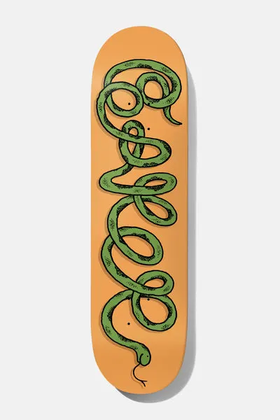 Baker Figgy Snake 8.25 skateboard deck: A green snake with a stippled body loops and coils down the length of an orange deck, its looping shape forming a cursive-style word, with its head near the tail.