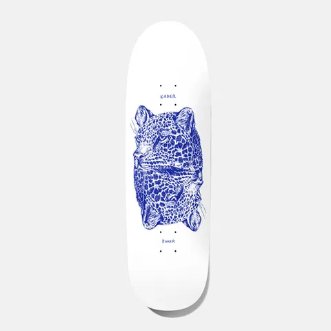 Baker Kader Big Bodies Shaped 9.0 skateboard deck: Blue ink drawing of a spotted leopard's head, mirrored top to bottom, on a white shaped deck, with 'Kader' and 'Baker' in small blue handwriting.