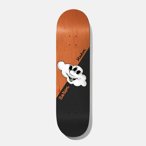 Baker Kader Brainstorm 8.0 skateboard deck: A grinning cartoon cloud with a nose and wide eyes sits on a diagonal split between orange-stained wood and black. 'Baker' and 'Kader' are written in script on either side of the split.
