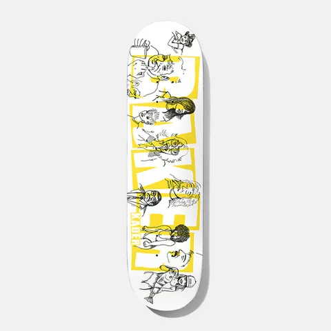 Baker Kader Brand Name Sketch 8.38 skateboard deck: Large yellow Baker block lettering over a white deck, overlaid with black line drawings of many assorted people and figures. 'Kader' appears in small white text on the yellow letters.