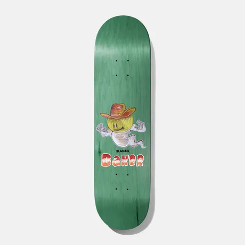 Baker Kader Constructors 8.625 skateboard deck: A crayon-style cartoon ghost with a smiling yellow face wearing a red cowboy hat, arms raised, above red and white bubble lettering reading Baker. Rider name in small text above, on a green stained deck.
