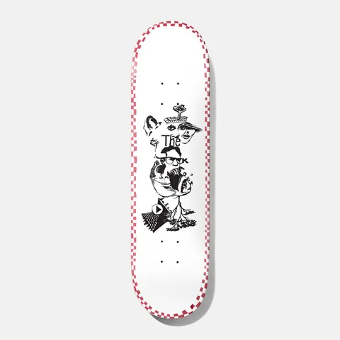 Baker Kader Daydreams 8.475 skateboard deck: Black line-drawn surreal stack of faces, an animal head, a bespectacled man and a play button, with the word The, on a white deck with a red and white checkerboard edge.
