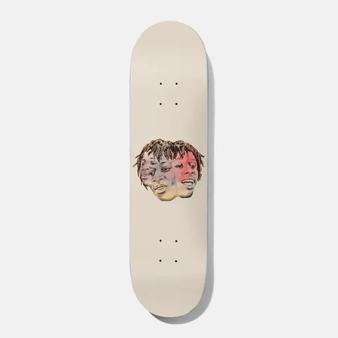 Baker Kader Head Case 8.0 skateboard deck: A small drawn portrait of a man with dreadlocks, shown as three overlapping faces tinted with soft red, blue and yellow washes, centred on a plain cream deck.