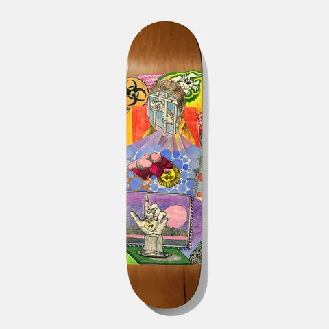 Baker Kader Hot Dogs Lament 8.0 skateboard deck: Colourful collage-style drawing in crayon and ink: a face behind prison bars with a biohazard symbol, a cloud of circles, and a hand giving a horns gesture with a dog face on a plinth. Purple landscape with pink moon below, on a brown stained deck.